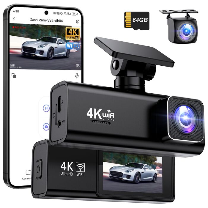Автомобільний відеореєстратор 4K + 1080P (передній та задній), WiFi, з SD-картою 64ГБ, нічна зйомка, кут 170°, WDR, G-сенсор, циклічний запис, керування через додаток
