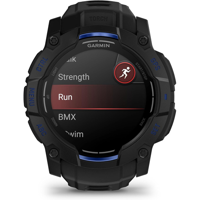 Розумний годинник Garmin Instinct 3 AMOLED: GPS, Multisport, 1.3' дисплей, до 24 днів роботи, 80+ спортивних функцій, здоров'я, LED ліхтарик (50мм, Чорний-Синій/Чорний)