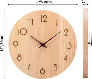 ACCSHINE Wall Clock Wood Oak Silent No Ticking Sound 30cm Quartz Large Easy to Read for Living Room Kitchen Bedroom Office School (Wood Color - Arrow Hands)