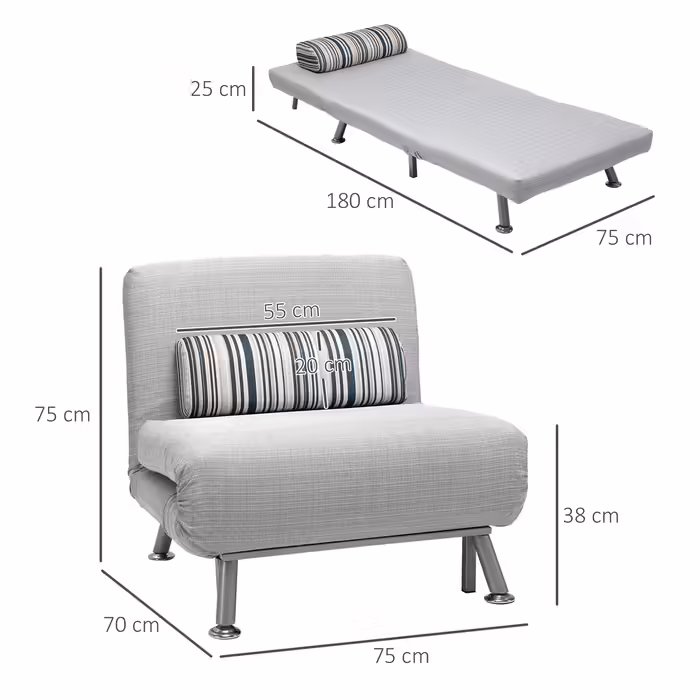 HOMCOM Folding Bed, Sleeper Chair & Guest Bed, Foldable Sofa Bed, Metal, Grey, 75x70x75cm | Aosom