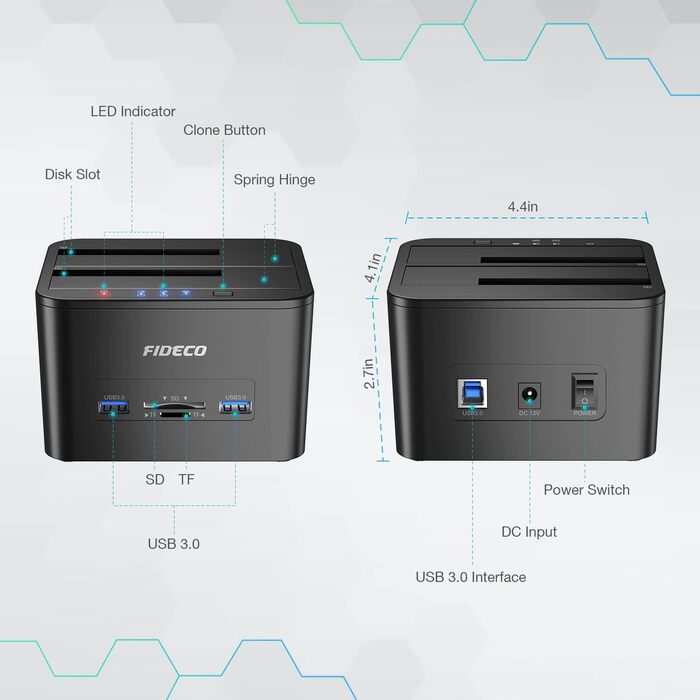 Док-станція для жорстких дисків FIDECO з двома відсіками, USB 3.0, підтримка UASP, TF/SD карт, для HDD/SSD SATA 2.5