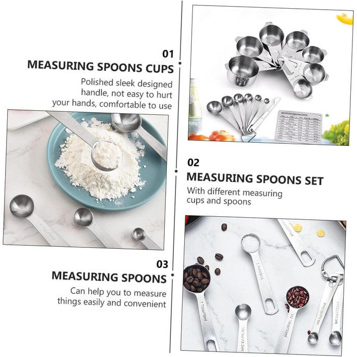 Cabilock Complete 15-Piece Stainless Steel Measuring Cup and Spoon Set. Detachable Design Without Handle. Accurate Measurement for Cooking and Baking.