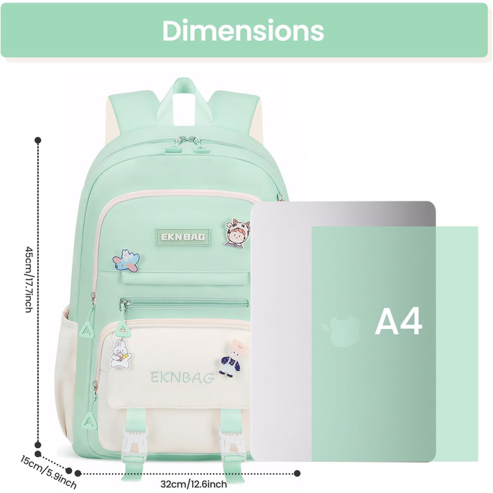 Шкільний рюкзак Tanou для дівчаток, підлітків, 3-7 клас, велика місткість, легкий нейлон, стильний, зелений