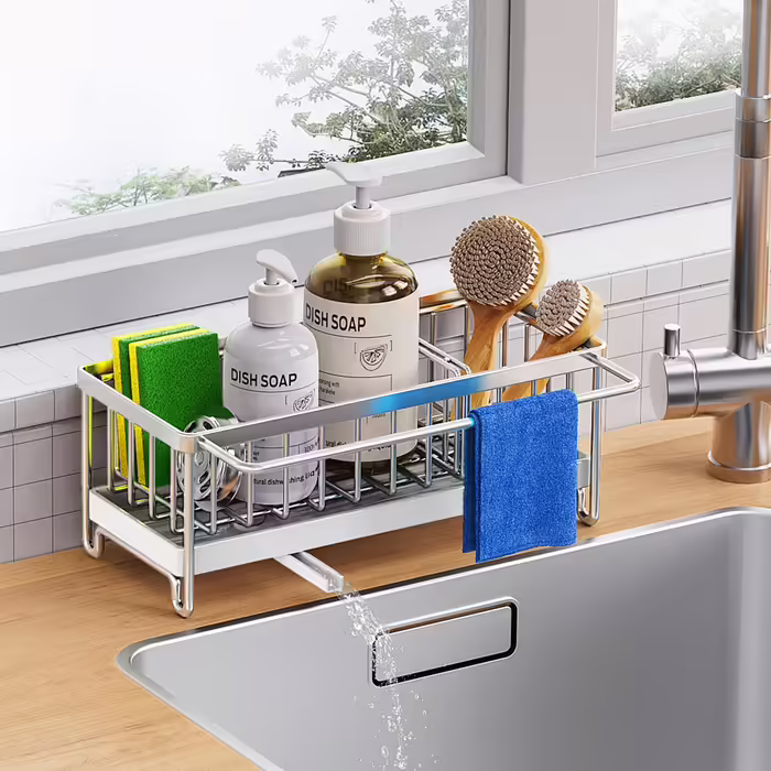 Kitchen Sink Organizer, Sponge Holder for Kitchen Sink with Automatic Draining Basket, Dish Towel Hanger, Stainless Steel 304, Dish Organizer, Soap Dispenser, Storage