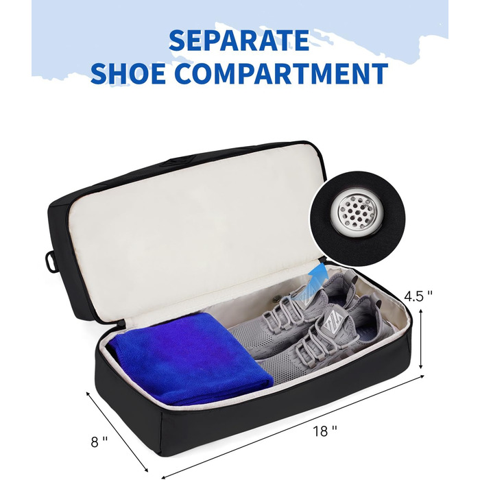 Спортивна сумка Wandf для ручної поклажі літака (45x36x20 см) з відділенням для взуття та мокрих речей, чорна