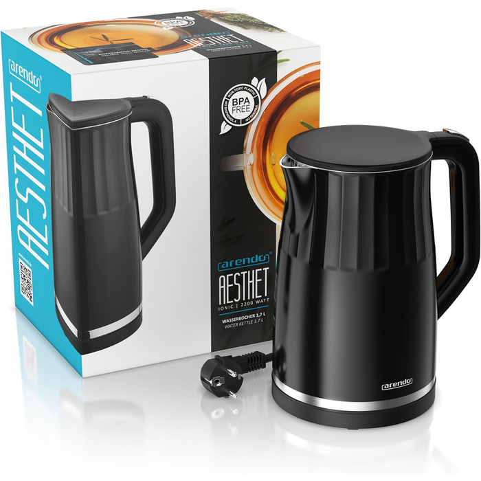 Електричний чайник Arendo з регулюванням температури, нержавіюча сталь, подвійні стінки Cool Touch, дисплей, бездротовий, 2200 Вт, 1,7 л, захист від перегріву, функція підтримання тепла, чорний