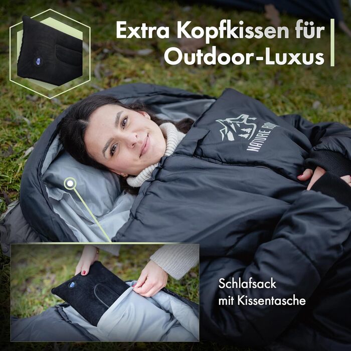 Спальний мішок з рукавами Nature Rovers, чорний, для дорослих, 3 сезони, водонепроникний, з подушкою, 220x80 см