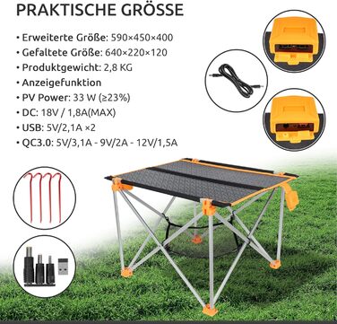 Сонячний складаний стіл з сонячною панеллю 33W та USB-зарядом для телефону | Легкий туристичний стіл для кемпінгу та відпочинку на природі