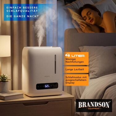 Зволожувач повітря Brandson 4 л з пульт дистанційного керування, ультразвуковий, LED-дисплей, 3 режими, аромадифузор, функція дезінфекції, нічний режим, для спальні та дитячої кімнати