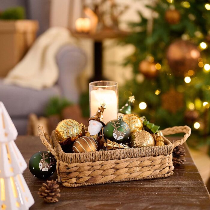 Набір ялинкових прикрас Valery Madelyn (40 шт.) - бронзові ялинкові кулі з підвісками, ялинкова прикраса, декор на ялинку, тема «Ліс» (кольори: бронза, червоний, зелений, срібло, золото)