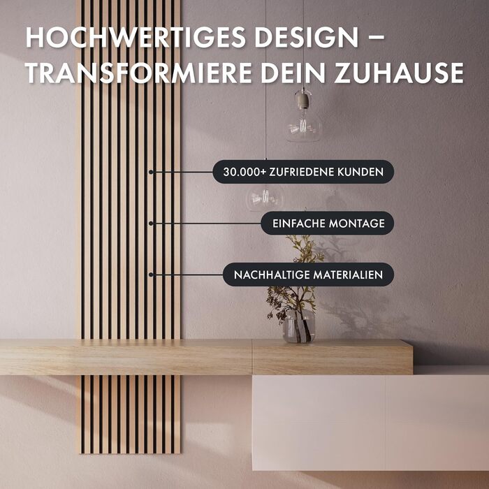 Акустична панель Momento з натурального дуба 240x50 см, 3D ламелі для шумоізоляції стін, колір дуб натуральний, чорний фліс (Made in Germany)