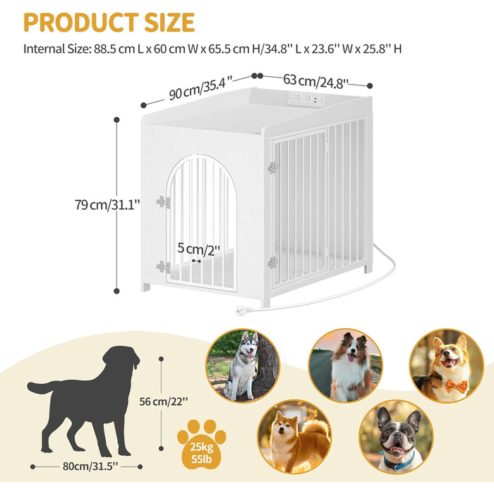 Сучасна собача будка Hzuaneri з USB та розеткою, 90x63x79 см, біла