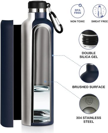 FEIJIAN FJbottle 316 Stainless Steel Vacuum-Insulated Water Bottle 750ml/1000ml with Carabiner, BPA-Free Bottles, Leak-Proof Sports Bottle for Sports, Work, and Travel