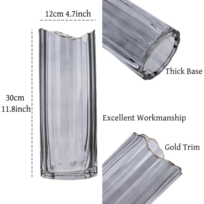 Висока скляна ваза для квітів, велика ваза-циліндр для декору столу (сіра, 12x12x30 см)