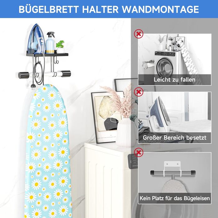 Настінна тримач для прасувальної дошки, праски та аксесуарів, чорний, металева стійка з великою полицею для прасування, Y/T-подібна форма