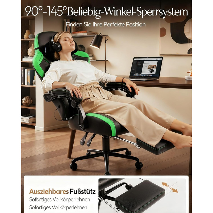 Ігрове крісло Dowinx з масажем, ергономічне, до 135 кг, зелене