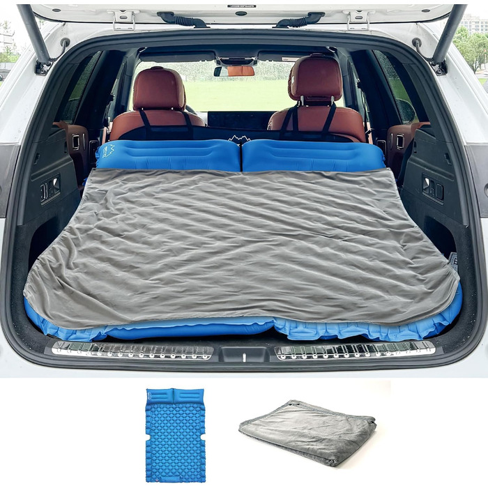 Автоматичний килимок для авто SUV, 2 особи, повітряний матрац для подорожей та кемпінгу, самонадувний килимок з насосом та подушками, надувне ліжко для кемпінгу 183*13*7 см, матеріал: Pu, колір: чорний, в комплекті: синій та сірий плед