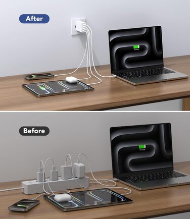 65W USB-C зарядний пристрій 3-портовий з кабелем 2м: для MacBook, iPhone, Switch, Galaxy, Tablet, Laptop