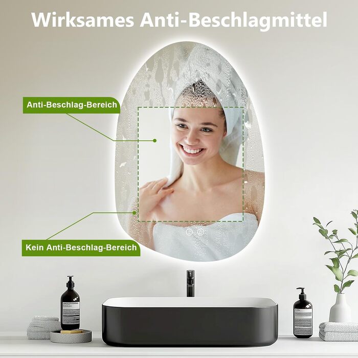 LED дзеркало для ванної кімнати з підсвічуванням 70x50 см, холодне біле світло 6000K, енергозберігаюче, диммування, проти запотівання