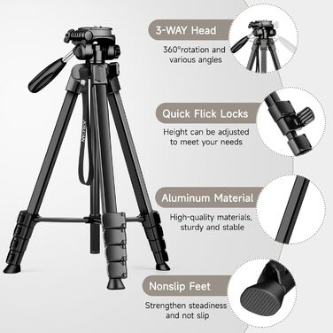 Штатив для камери JOILCAN 210.8 см: легкий трипод для смартфона, камери та селфі-палки з кульковою головкою 360° та пультом дистанційного керування. Алюмінієвий штатив з триножиною для Canon, Nikon, DSLR. Чорний.
