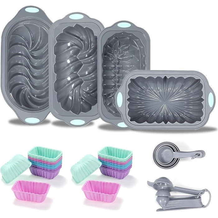 Tongjude 45-Piece Silicone Baking Molds Set, 6-Cup Silicone Baking Mold for Baking Bread, Ribbed Cupcake, Non-Stick Kitchen Baking Molds, with Measuring Cup and Spoon Set, gray