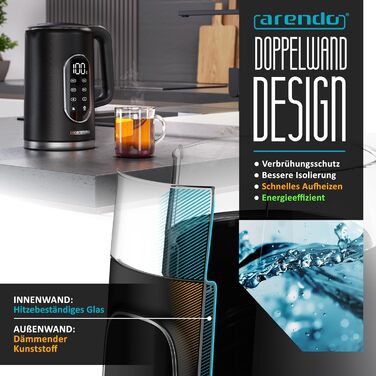Електричний чайник Arendo зі скляною колбою, регулюванням температури, нержавіючою сталлю, подвійними стінками (Cool Touch), дисплеєм, бездротовим підключенням, 2200 Вт, 1,7 л, захистом від перегріву, функцією підтримання тепла, чорний