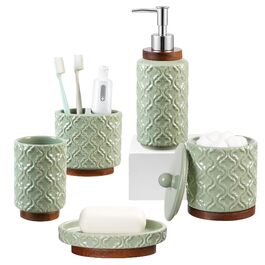 Набір аксесуарів для ванної кімнати керамічний 4 предмети в ретро стилі, дозатор для мила та тримач для зубних щіток, мармур (Зелений, 5 шт.)