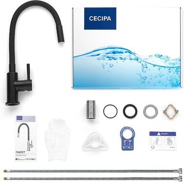Змішувач кухонний CECIPA SOFETIY SERIE (Чорний) з гнучким виливом 360°, для високого тиску, з 2 режимами струменя, з нержавіючої сталі, для раковини