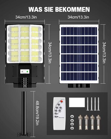 Вуличний сонячний LED світильник Sararoom 1000W з датчиком руху, 864LED, 6500K, IP65, з пультом, для саду, тераси, гаража, газону