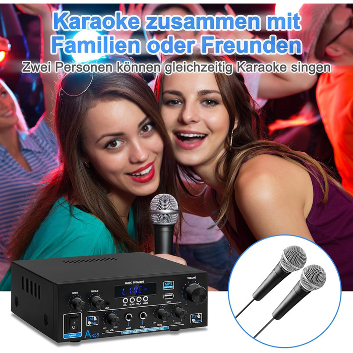 HiFi підсилювач AK55 Bluetooth, стерео аудіо підсилювач 2-канальний, 2x70Вт (макс. 600Вт), цифровий саунд підсилювач 12В/220В для дому та авто