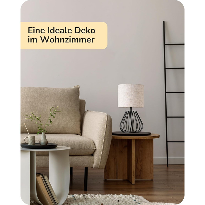 EDISHINE Настільна лампа, сучасний дизайн, індустріальний стиль, E14 цоколь, вінтаж, для спальні, вітальні, бежево-чорний льон + чорний