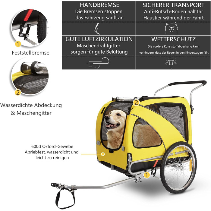 Трансформер для собак XL: велосипедний/біговий, 2-в-1, з гальмом та світловідбивачами, 600D Oxford, до 40 кг, жовтий