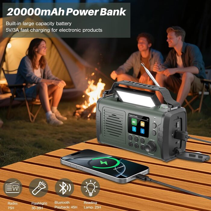 Радіо на механічному заводі DAB+ FM 20000mAh, Аварійне радіо DAB+ з сонячною панеллю та Bluetooth, Радіоліхтарик з зарядкою для телефону та компасом для виживання (Зелений)