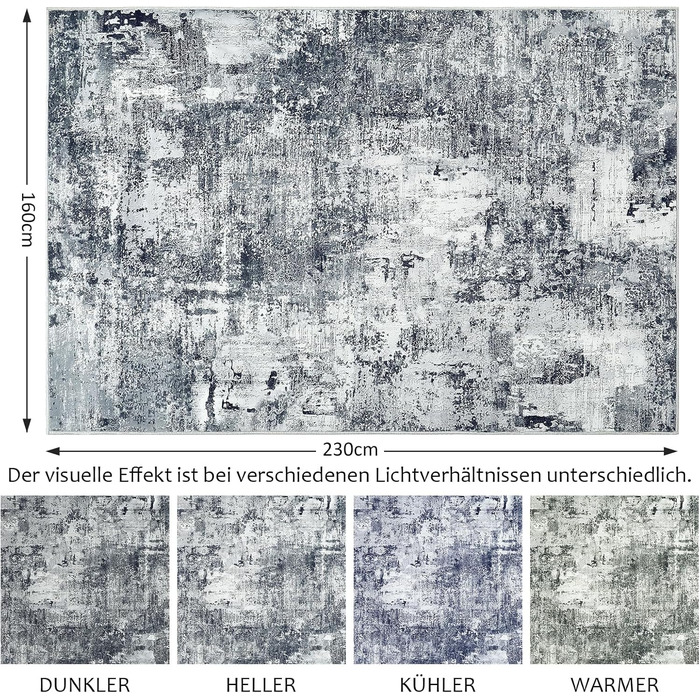 Килим для вітальні та спальні 160x230 см, сірий, короткий ворс, абстрактний, вінтажний дизайн, легко миється, не слизький