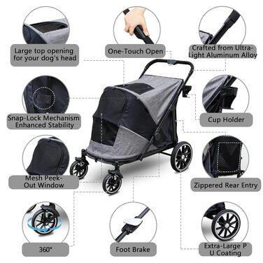 Візок для собак з одним клавішею, складаний, до 50 кг, сірий. Підходить для великих собак та котів, 100 x 48 x 96 см
