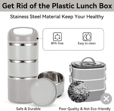 Ланчбокс Lille Home з нержавіючої сталі 1.43л, 3-рівневий, ізольований, без BPA, для жінок та чоловіків, білий