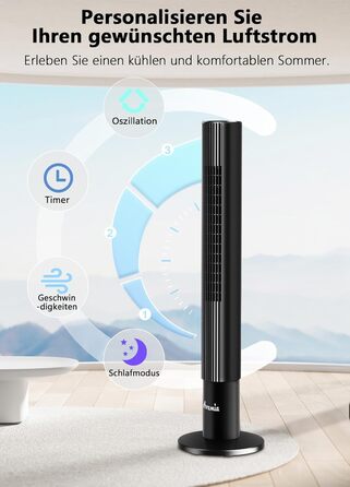 Безлопатевий вентилятор вежа Leiser 110 см, 26 дБ, 3 швидкості, LED-дисплей, таймер 12 год для спальні, вітальні, офісу