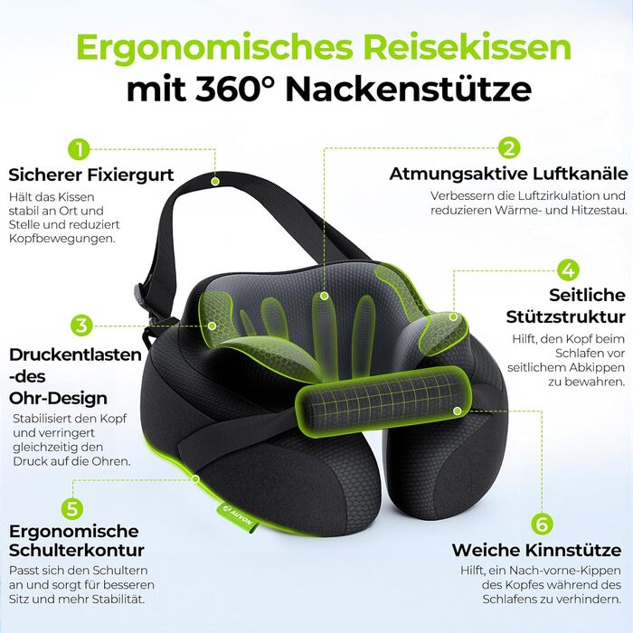 Подушка для шиї AUVON для подорожей: ергономічна підтримка голови та шиї, регульована підставка для підборіддя, дихаюча тканина, проти напруження шиї (літак, авто, поїзд)