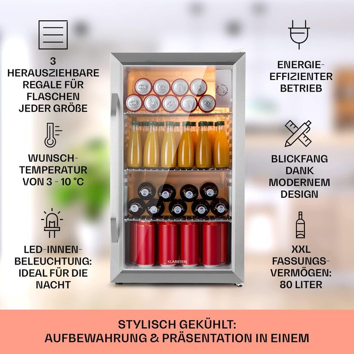 Klarstein Mini Fridge with Glass Door - 80L Compact Beverage Cooler with Adjustable Shelves & Wave Pattern Racks - Quiet Operation (Silver-White)