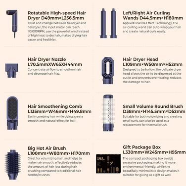 Фен-щітка Air Styler 7 в 1: іонізація, складний, 110,000 обертів, для укладання, локонів, випрямлення, блакитний