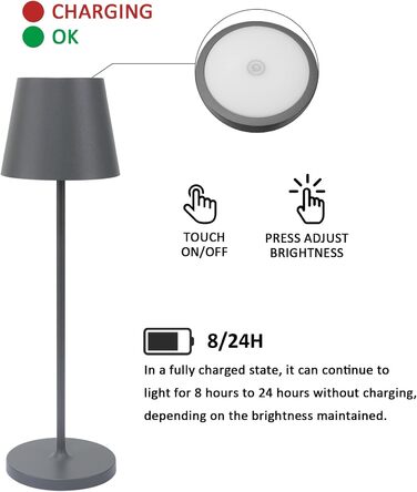 LED настільна лампа K-Bright з регулюванням яскравості, акумуляторна | Для дому та вулиці | 3000K тепле світло | Дизайнерська лампа з зарядною станцією | 2 шт. (1 шт. темно-сіра)