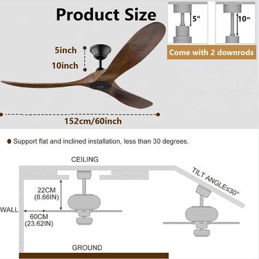 Вентилятор стельовий дерев'яний без освітлення з пультом керування, тихий, для вологого приміщення (152см, коричневий)