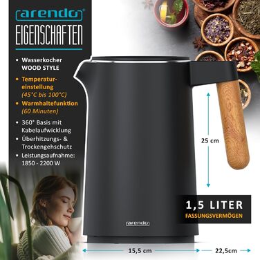 Arendo - Stainless Steel Kettle with Temperature Setting - 45°C-100°C - 1.5 Liter - Double-Walled - BPA Free - Keep Warm Function - Tea Kettle with Temperature Indicator - Cool Touch Handle - Black A: Lighter Handle
