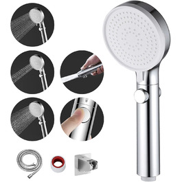 MIAOHUI Shower Head, Pressure-Boosting, Handheld Shower with 3 Spray Patterns, Water-Saving High-Pressure Shower Head with Water Stop Function, Shower Head with Hose and Teflon Tape (Chrome)