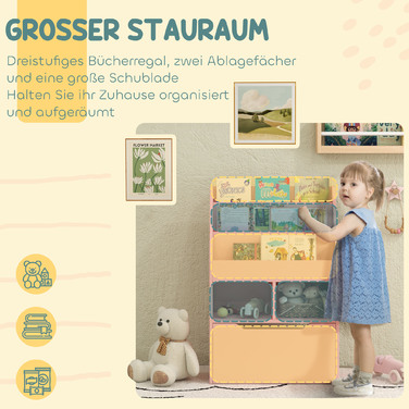 HOMCOM Kids Bookshelf, Children's Shelf with Drawer, 3 Storage Compartments and 2 Open Compartments, Storage Shelf for Kids' Room, Playroom, Pink, 60 x 29.9 x 90 cm | Aosom
