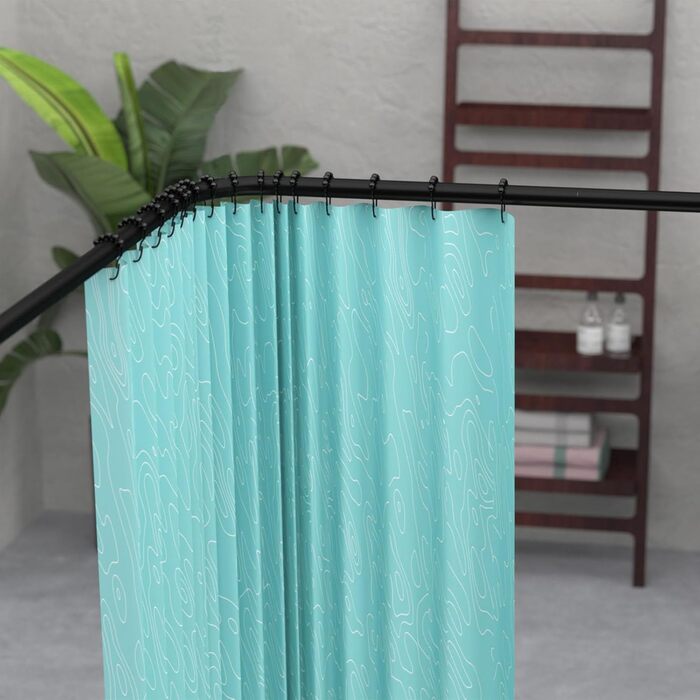 Штанга для душу L-подібної форми, розсувна, 62–94 x 141–174 см, з 16 кільцями, для ванни/душу, чорний нержавіючий сталь