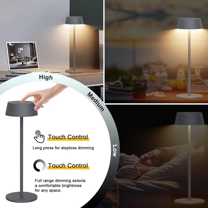 Світлодіодний акумуляторний настільний світильник Klighten з димером, сенсорний, металевий, алюмінієвий, IP54, перезаряджуваний, тепле біле світло 3000K, антрацит