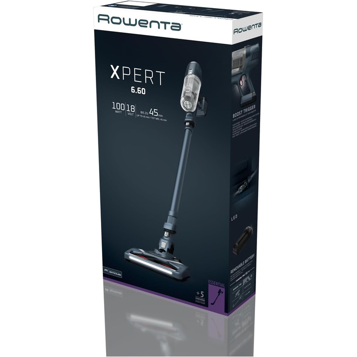 Rowenta X-Pert 6.60 акумуляторний пилосос: потужність 100W, 45 хв роботи, бездротовий, без мішка, LED-насадка, легкий, 0,55 л контейнер для сміття, насадка для щілин та кріплення на стіну, чорний/темно-сірий, RH6831EO