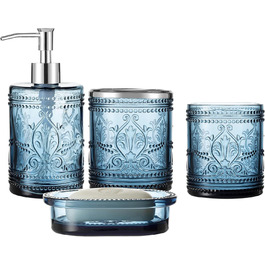 Bathroom accessory set made of heavy blue glass with decorative pressed pattern – includes soap dispenser, tumbler, soap dish, and toothbrush holder (blue)