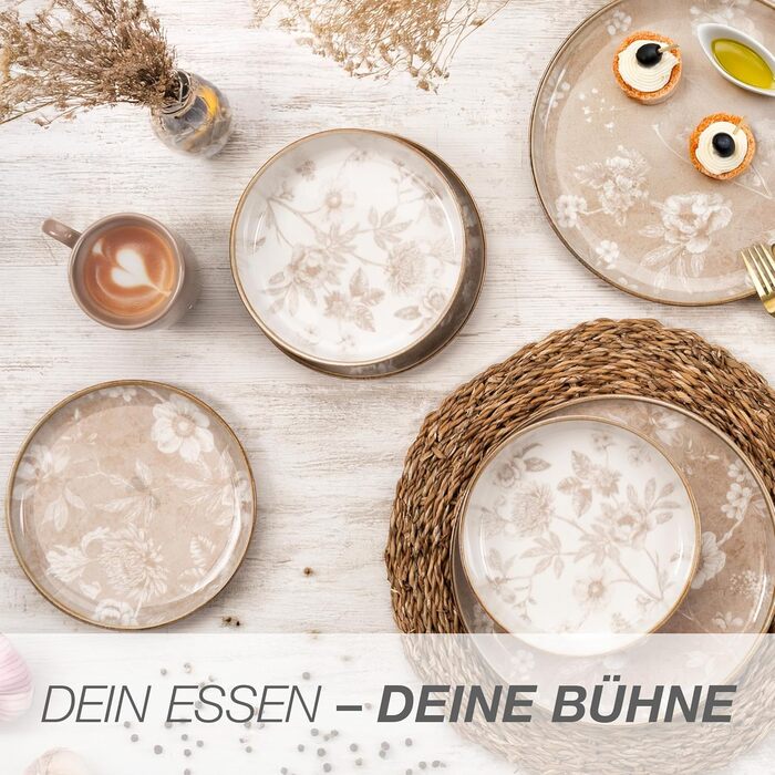 Набір посуду Moritz & Moritz MARIELLA Steingut 12 осіб, 48 предметів - Сучасний сервіз у бежевому кольорі з ігровим дизайном, легкий у догляді, з тарілками, чашками та салатниками - Комбінований сервіз